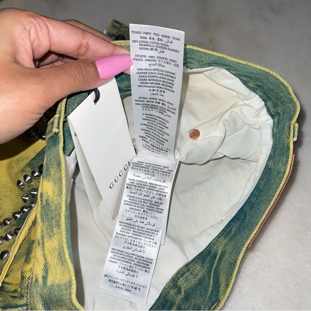 Gucci Washed Studded And Tiger Embroidered Denim Shorts in Green/Yellow - Picture 11 of 13